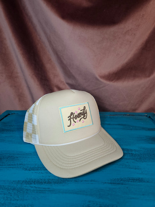 Tan + White Checker "Howdy" Trucker